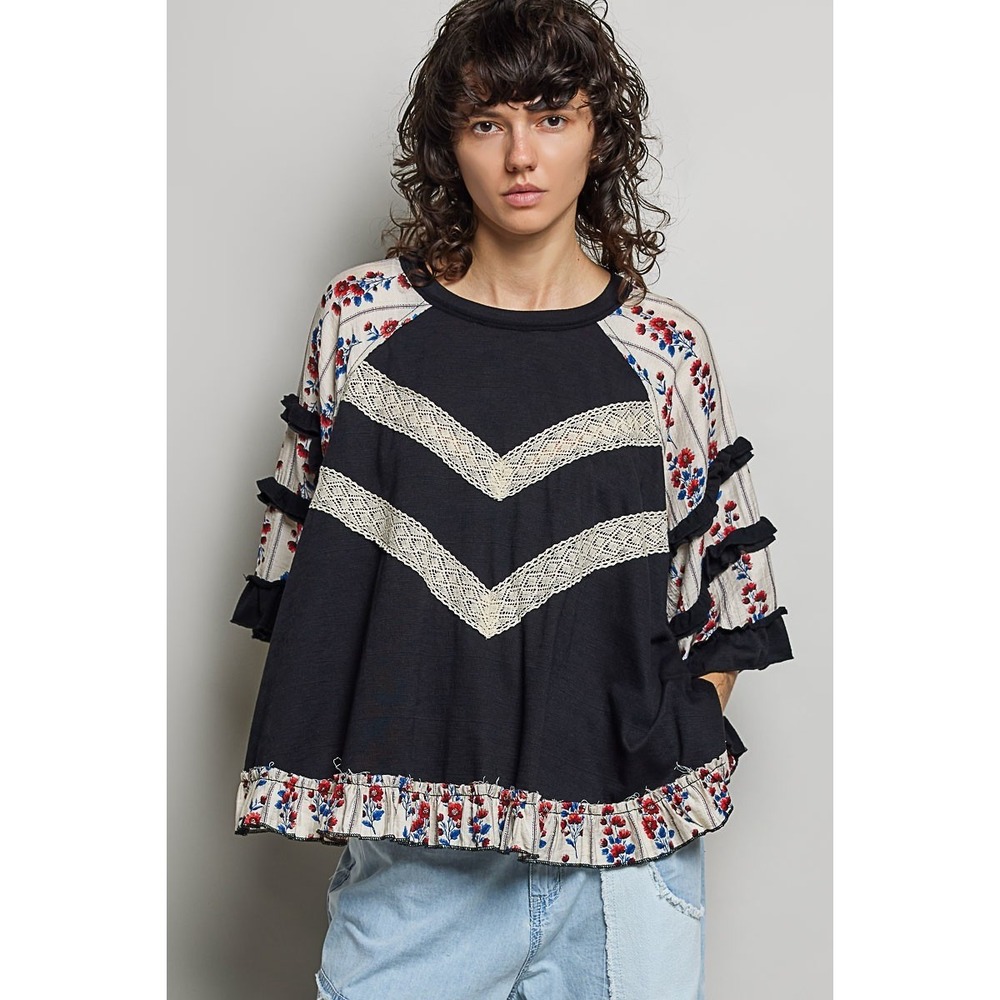 POL Round Neck Half Sleeve Contrast Floral Lace Oversized Knit Top - Small